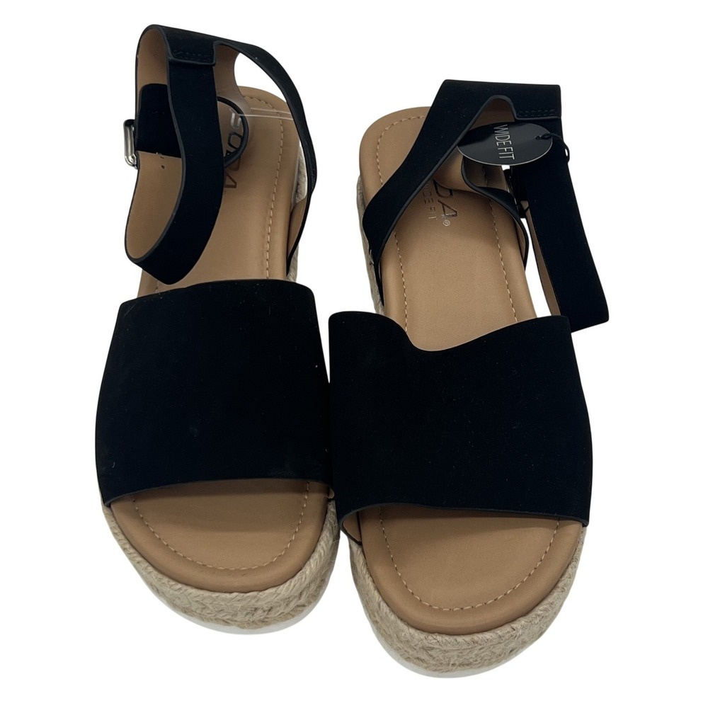 SODA Women's Black Faux Suede Espadrille Platform Wedge Sandals Wide Fit 9.5W